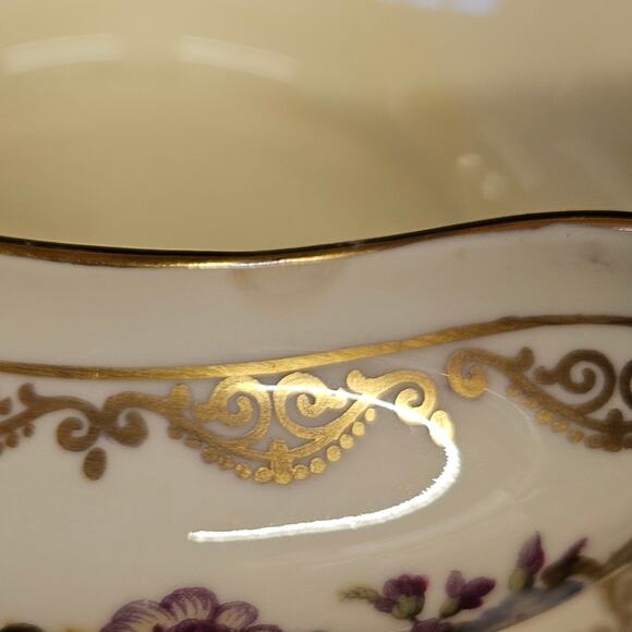 Vintage H&C Selb Bavaria Gravy Boat Dish Bowl Attached Plate Floral Gold Trim - Picture 7 of 9